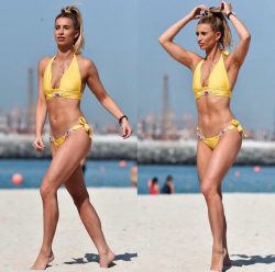 fit Ferne McCann on beach in yellow bikini